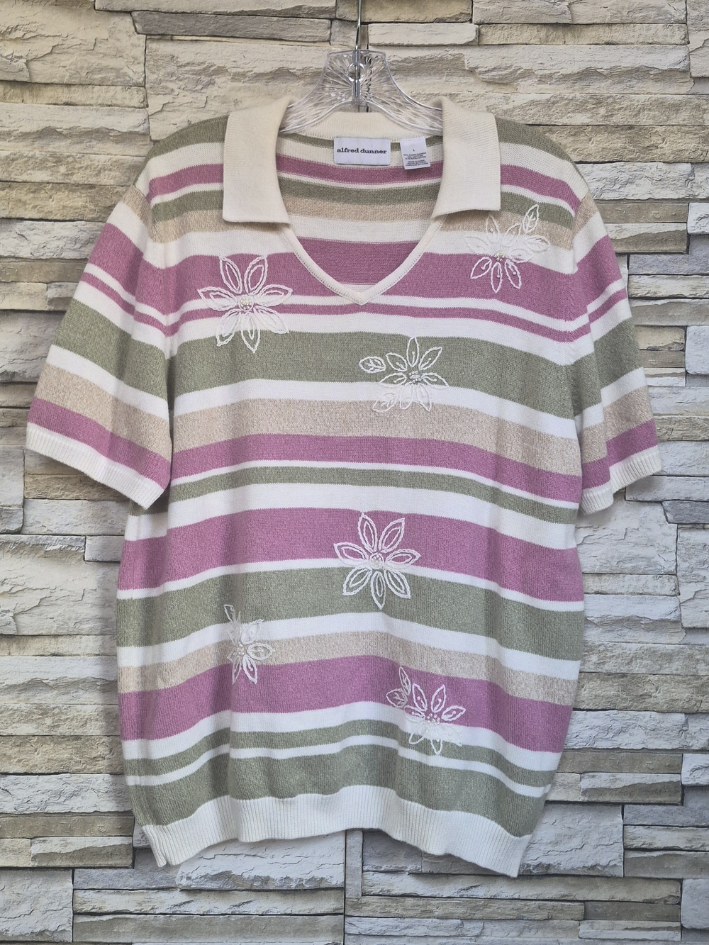 ​Alfred Dunner Top Women's L Multi Striped Floral Beaded Knit Cotton Short Sleev